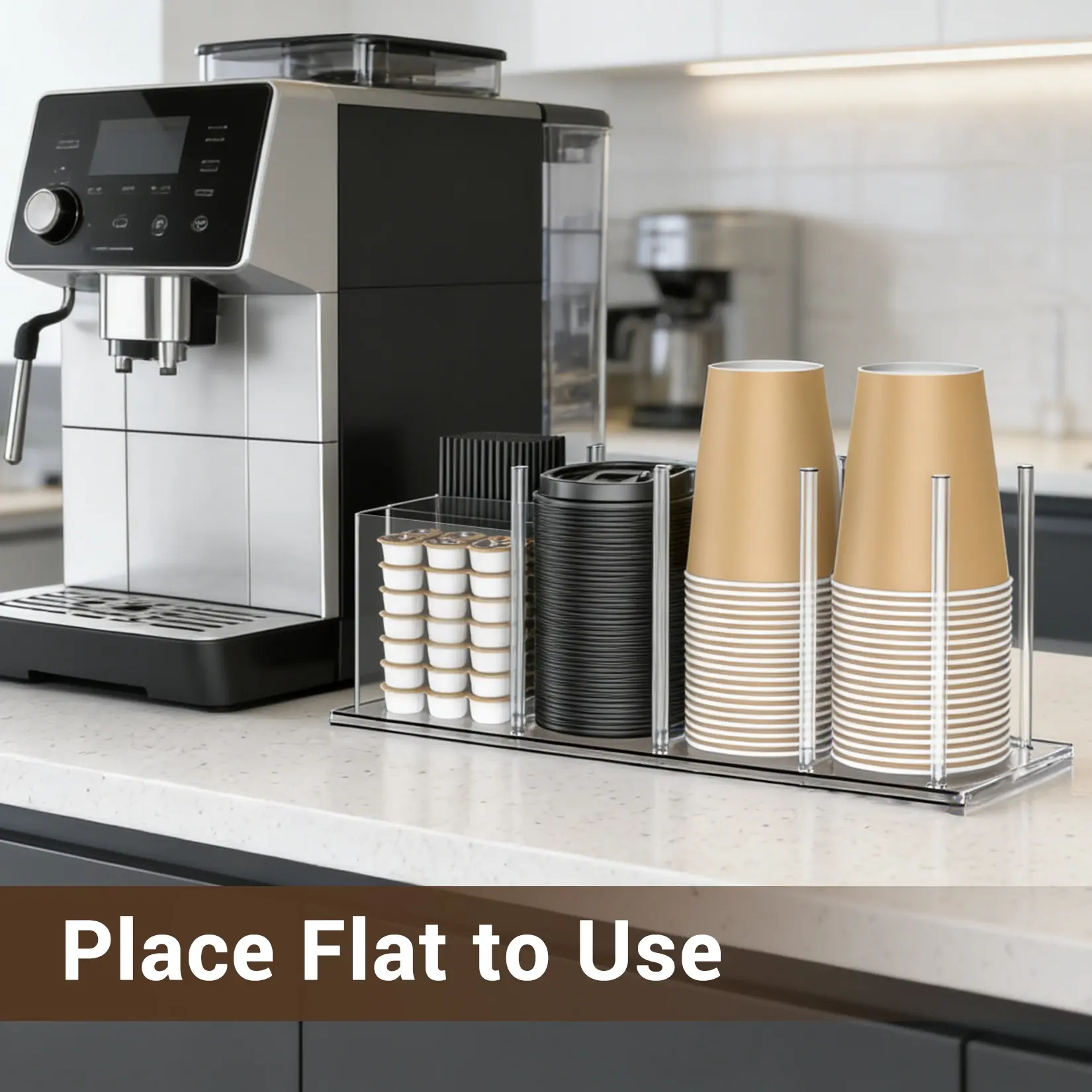 Clear Acrylic Coffee Station Organizer, 4-Compartment Slanted Cup & Lid Holder with Straw and Coffee Pod Storage, Adjustable Height Countertop Display Rack for 8/12/16/20 oz Disposable Cups