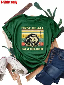 Women's Plus Size Vintage Mouse Print Round Neck Short Sleeve T-Shirt, Casual Fitted Womenswear Top for Summer Daily Wear