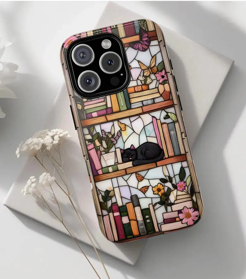 Literary Gift, Cat Phone Case, books phone case, Bookcase 3D Case, Case for Phone17 16 15 14 13 Pro Max