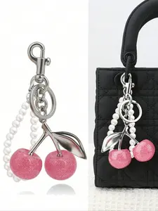 Sweet Cool Glitter Cherry Pearl Keychain, Resin Sparkle Cherry Bag Charm, Metal Handle Pearl Chain, Commuter Pack Accessory