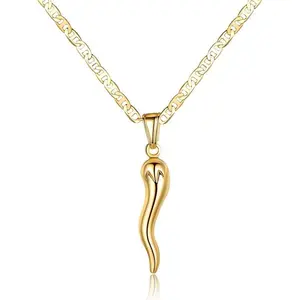 18K Gold Plated Flat Marina Chain With Italian Horn Necklace Cornicello - Made In Brazil