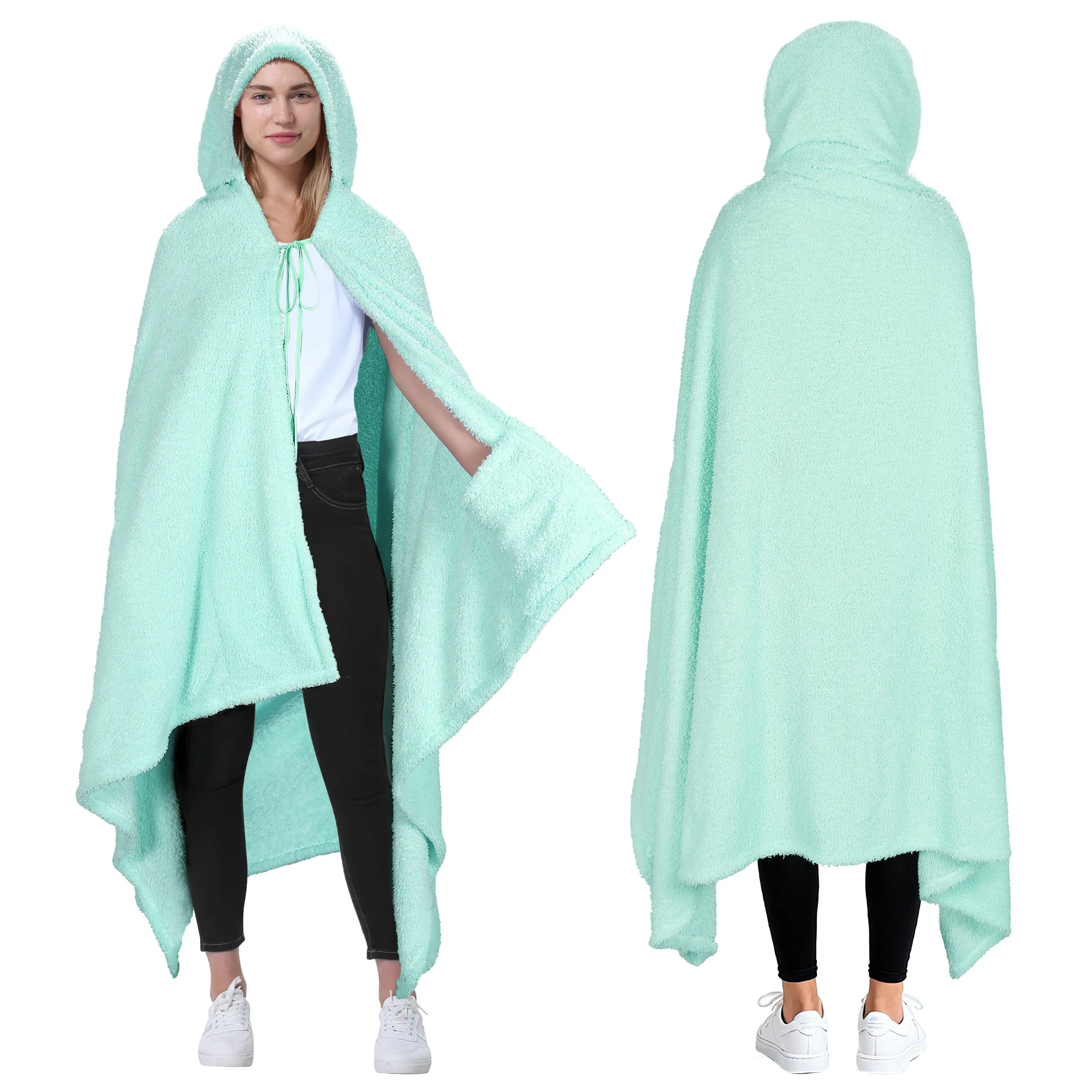 Catalonia Hooded Blanket Poncho | Wearable Blanket Wrap with Hand Pockets | Comfy Sherpa Fleece Throw Cape for Children and Adults, Women Gift Aque