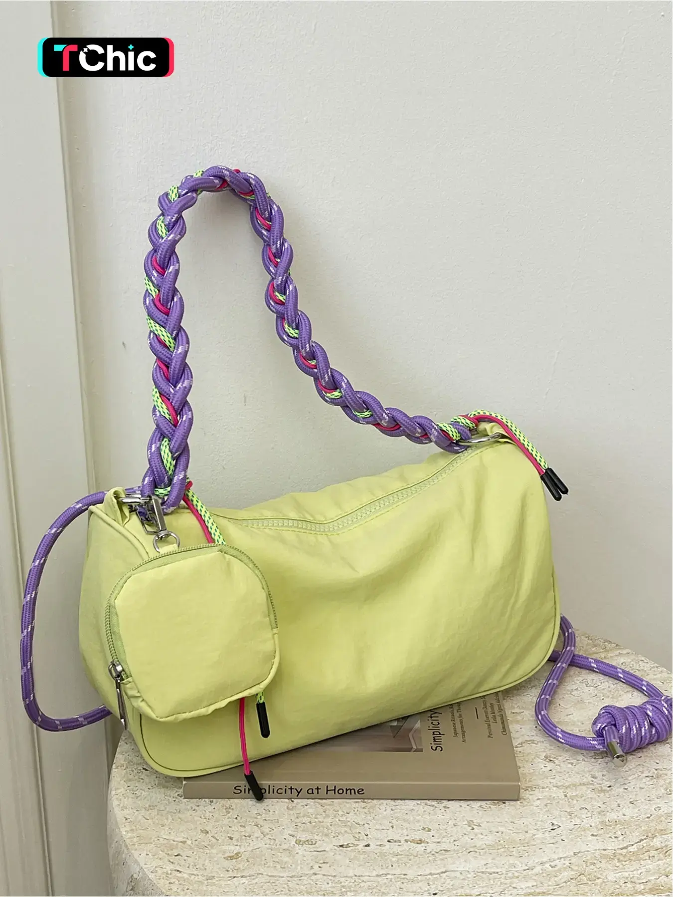 Fashionable and casual versatile shoulder bag, woven shoulder strap, drawstring design, simple and comfortable crossbody bag, daily outdoor sports travel armpit bag, Stylish Versatile Bag, Crossbody Purse, Colorblock Pattern Bag