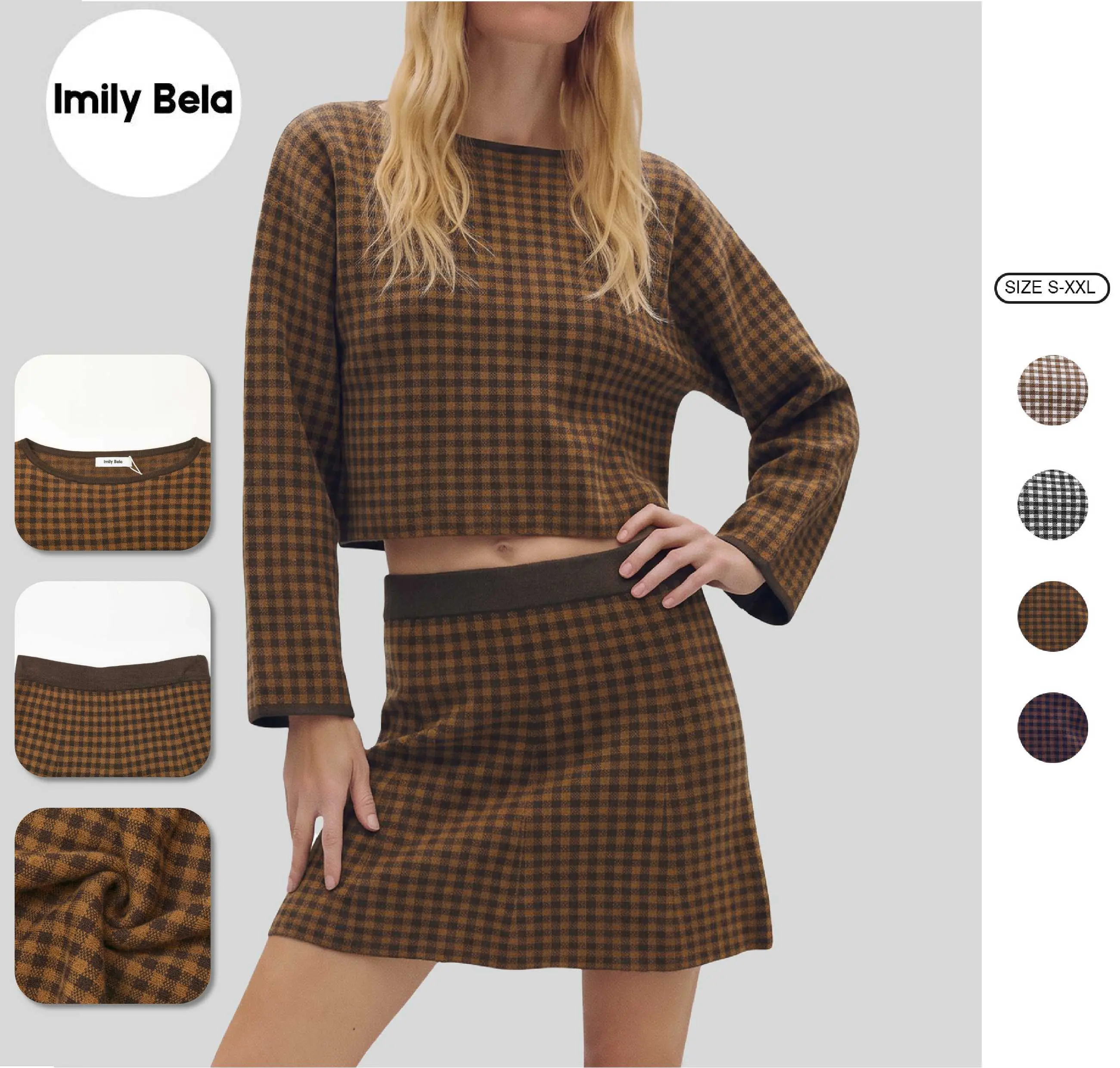 Women’s Y2K 2 Piece Plaid Skirt Set, Oversized Cropped Long Sleeve Sweater Top and High Waisted A-Line Mini Skirt, Cute Dark Academia Preppy Fall Winter Outfit
