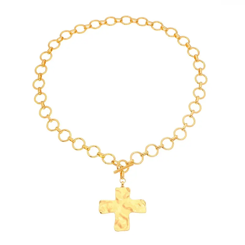 Women's Gold Chunky Cross Necklace, 22.7g Hammered Bold Cross Pendant, Vintage Toggle Clasp Statement Jewelry, Easter Gift for Layered Look, Cross Necklace Women