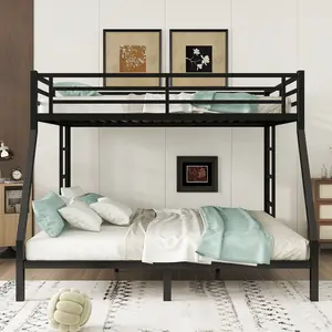 Queen over King Bunk Bed Frame, Metal Bunk Bed Frame Heavy Duty Bunk Beds Loft Bed Frame with Ladder and Guardrail Metal Slats No Box Spring Required for Adults Teens, Queen Over King Size