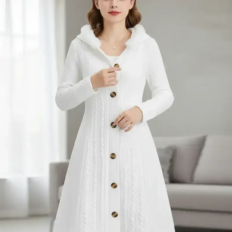 Women's Solid Color Fuzzy Trim Hooded Long Knitted Fabric Coat Casual Long Sleeve Button Front Knitwear Outerwear for Fall & Winter, Ladies Clothes for Daily Wear Womenswear