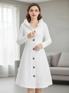 women's solid color fuzzy trim hooded long knitted coat, casual elegant long sleeve button front outerwear knitwear for fall & winter, ladies clothes long coat for daily wear