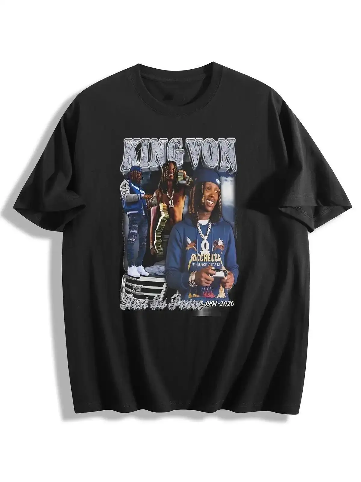 King Von Rest In Peace Retro Vintage Rap Portrait Graphic T-Shirt, 90s Bootleg Hip Hop Print Short Sleeve Tee, Chicago Rap Fan Casual Black Streetwear Top For Men