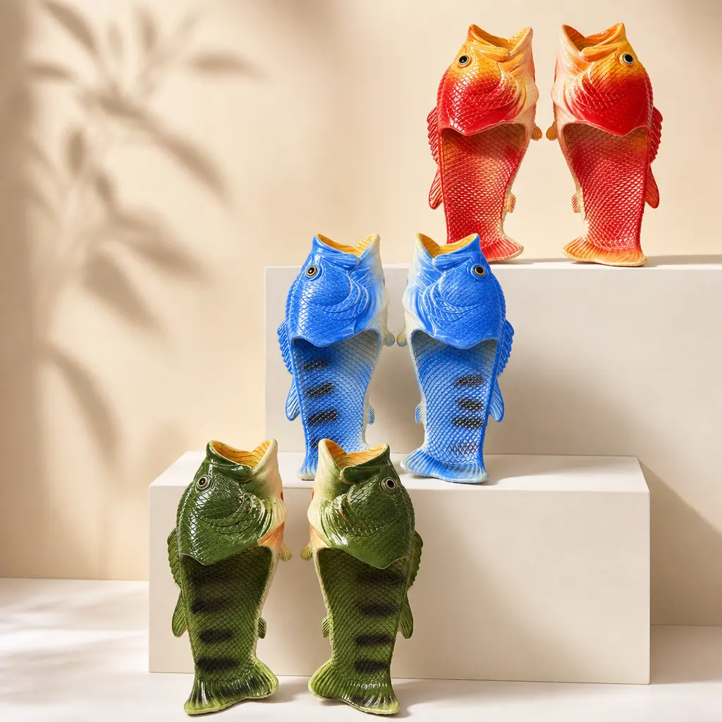 Unisex Funny 3D Bass-Shaped Fish Slippers, Waterproof Soft PVC, Anti-Slip Sole, 3 Colors Available, Novelty Prank Gift for Buddies, Blue