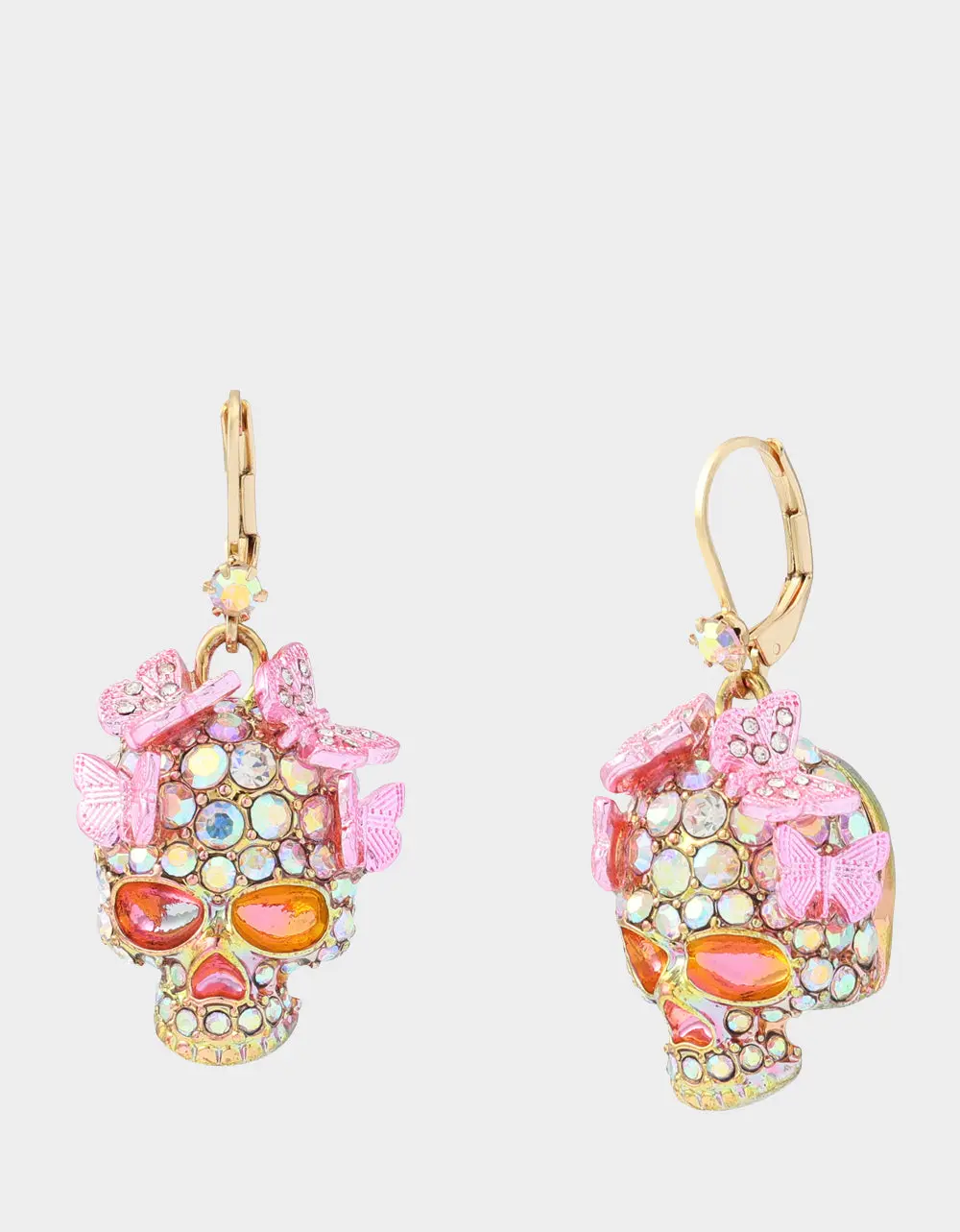BUTTERFLY SKULL LEVER BACK EARRING PINK