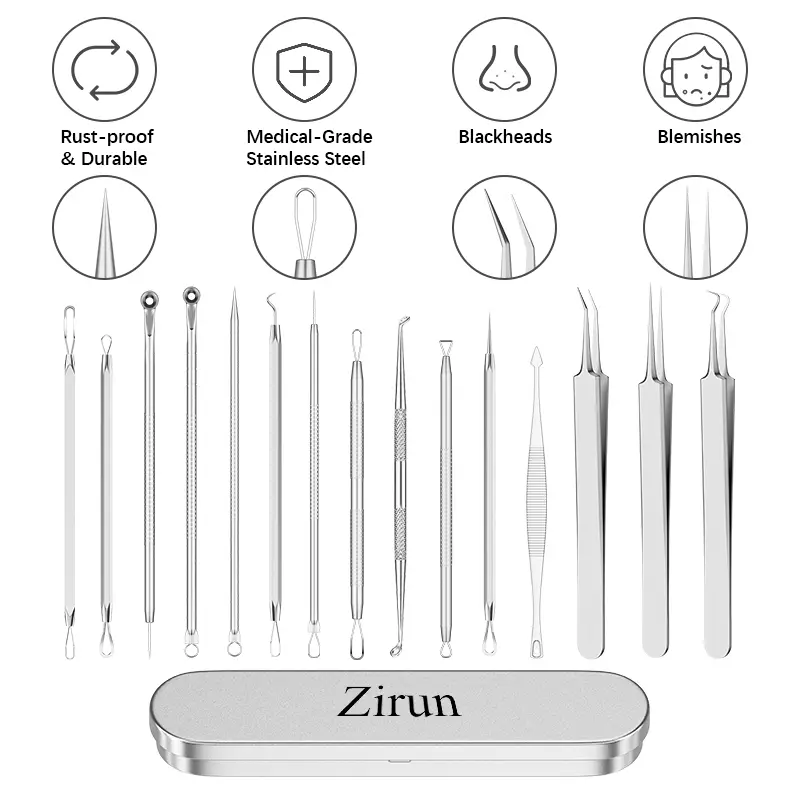 Blackhead Remover Kit, Pimple & Comedone Extractor, Multi-Function Pore Cleansing Tools – Medical-Grade Stainless Steel, Precise & Skin-Safe, Non-Slip Handles, Rust-Resistant, Portable Gift Case, Professional Facial Care for Home or Salon – 15-Piece Set