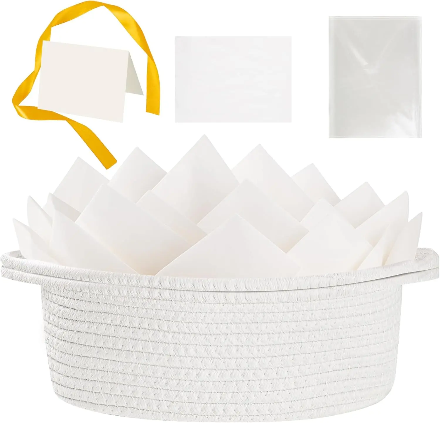 Small Woven Gift Basket Storage Baskets Picnic Baskets with Handles for Gifts Empty Wedding Graduation Gifts Stuffers Baby Shower Toy (White 12"X 8" X 5" with Gift Bag Card Ribbon Tissue Paper)