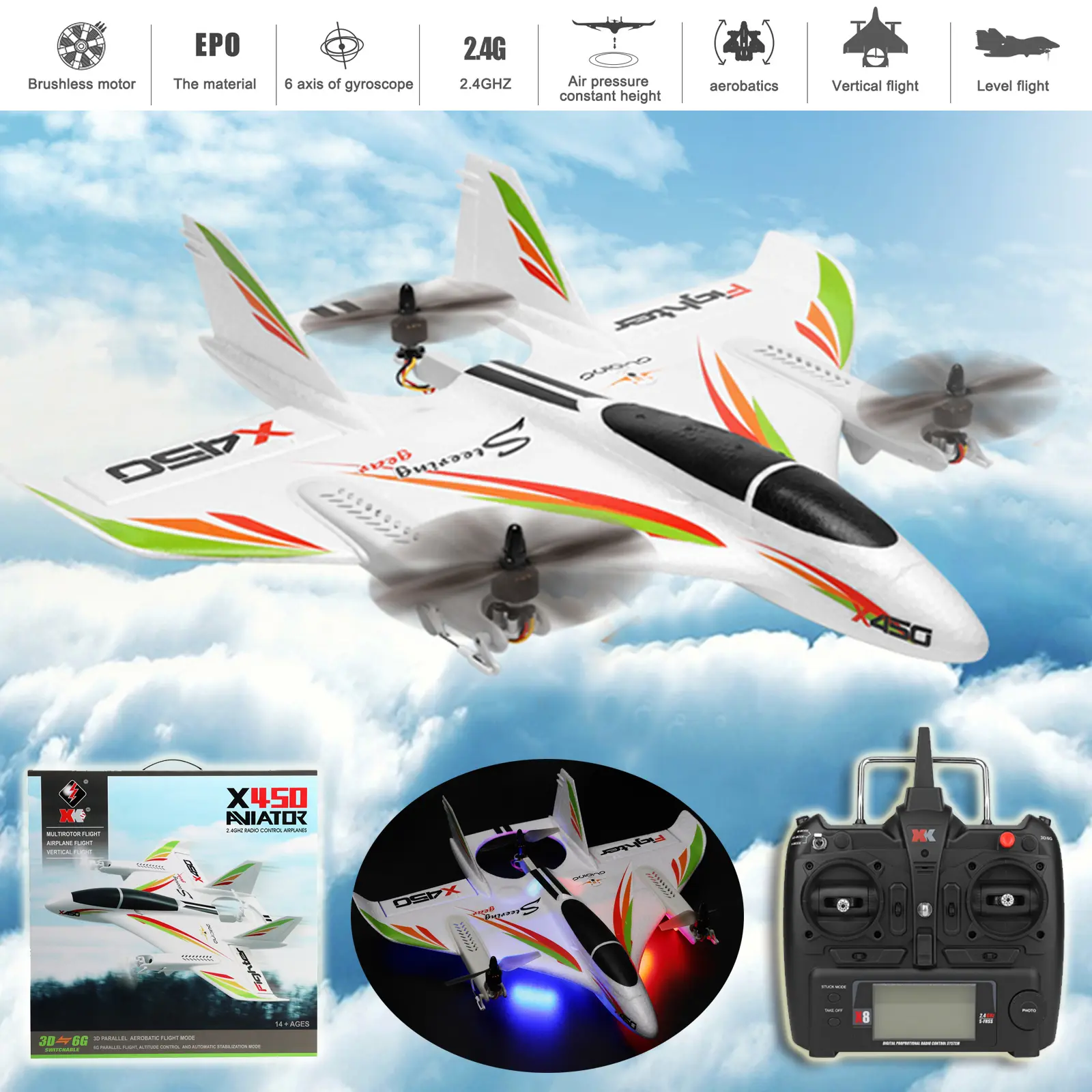 WLtoys XK X450 Remote Control Airplane - Brushless Motor, 2.4G, 6CH, 3D/6G LED Fixed Wing RTF Toy, 13+ Min Flight Time, Camera Ready Stunt Aircraft for Stress Relief