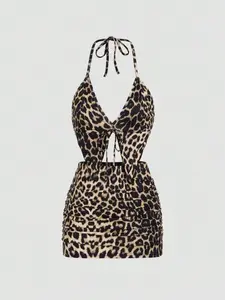 Women's Plain/Leopard Print Halter Crop Top & Elastic Waist Bodycon Skirt Two-piece Set, Fashion Tie Front Backless Asymmetrical Hem Top & Ruched Mini Skirt, Ladies Summer Clothes