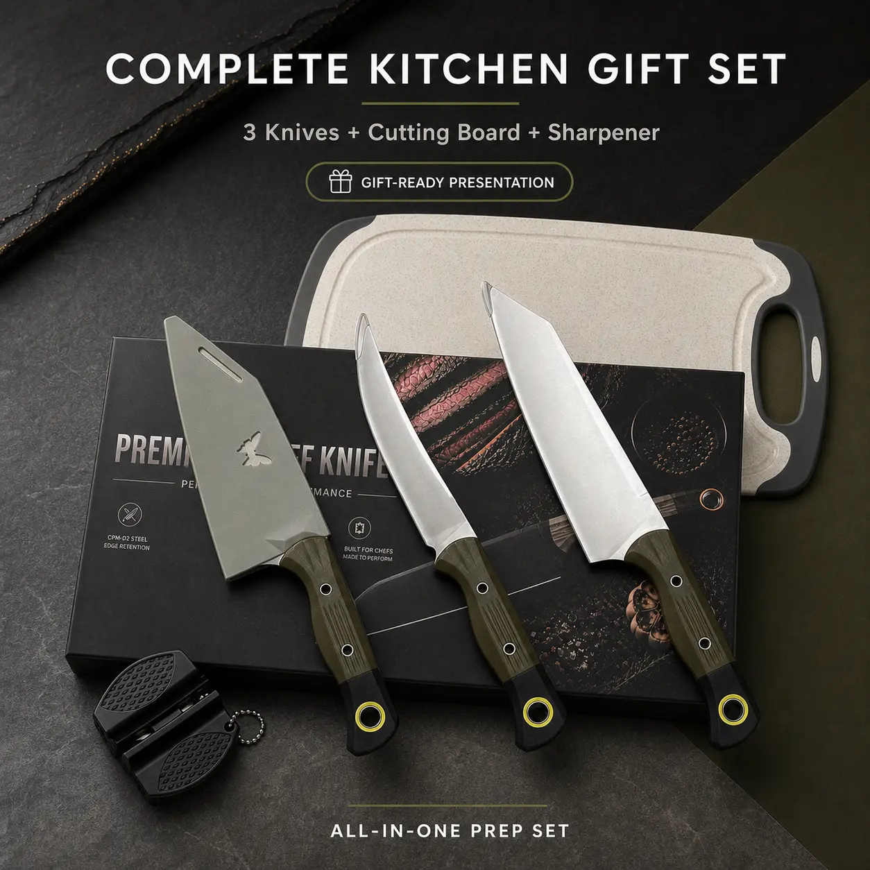5-Piece Stainless Steel Kitchen Knives Set - Sturdy Cooking Knives with Ergonomic Grip, Board-Compatible, Home Everyday Use, Premium Gift Box Included, Ideal Adult Gift (Black), Knives Kitchen Set
