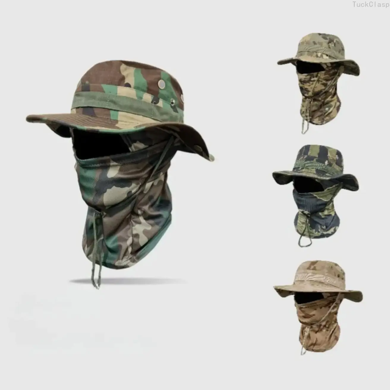 Camouflage Round-Edge Outdoor Bucket Hat Set, Drawstring Windproof Design for Travel, Mountaineering, Fishing, and Casual Outdoor Wear SpringStatements