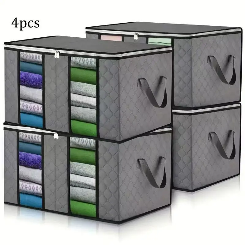 4 Pack Large Clothes Storage Bags with Clear Window, Reinforced Handle Storage Organizers for Blankets Comforters Bedding, Thick Fabric Closet Organizers and Storage