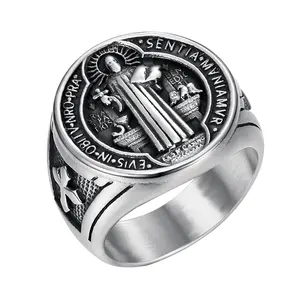 OIDEA Men's Saint Benedict Medal Signet Ring - Stainless Steel Catholic Cross Religious Jewelry for Baptism, Confirmation, Daily Wear