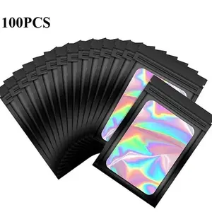 100 Thick Odor-Proof Aluminum Foil Bags 9x12cm, Laser Colorful Plastic Reusable Sealed Bags with Transparent Window, Magic Packaging Bags