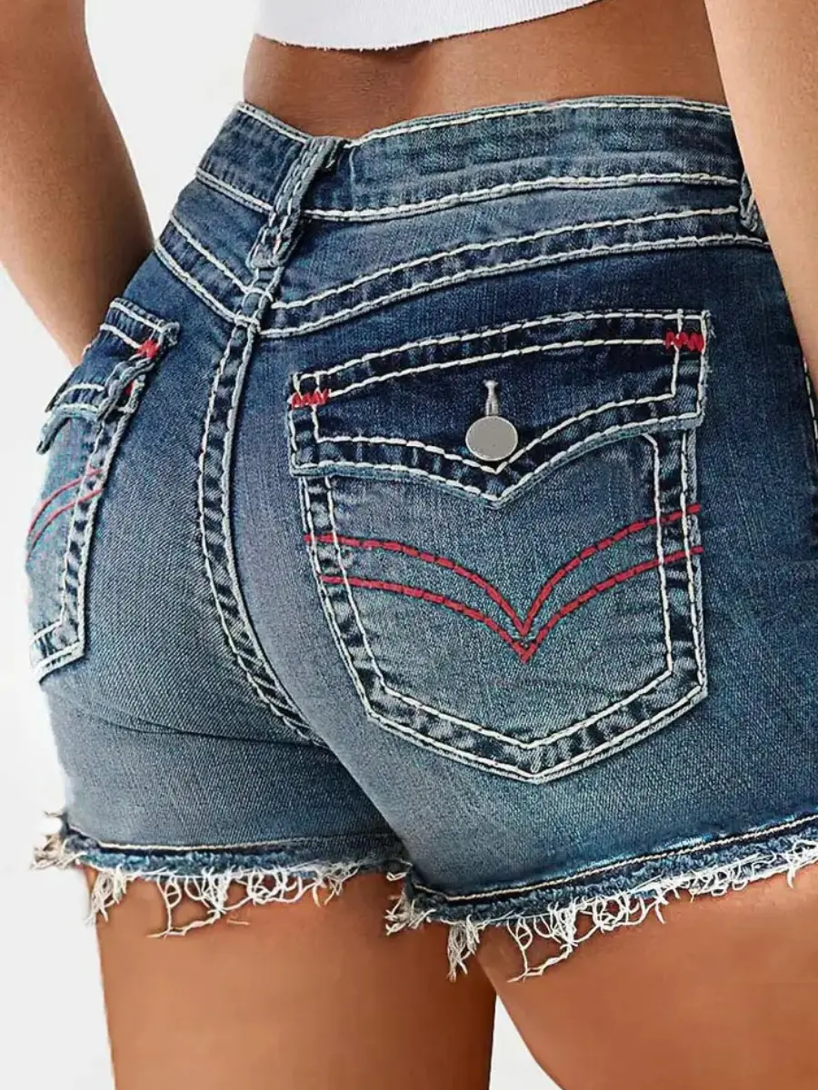 Womens Dark Wash Denim Shorts Frayed Hem Flap Pocket