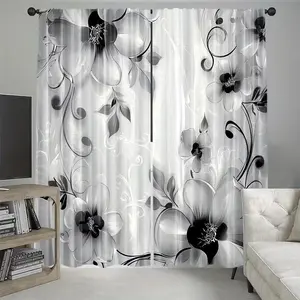 2-piece set of minimalist black and white floral semi blackout curtains, made of durable polyester fiber material with thermal insulation function, very suitable for living room and bedroom decoration