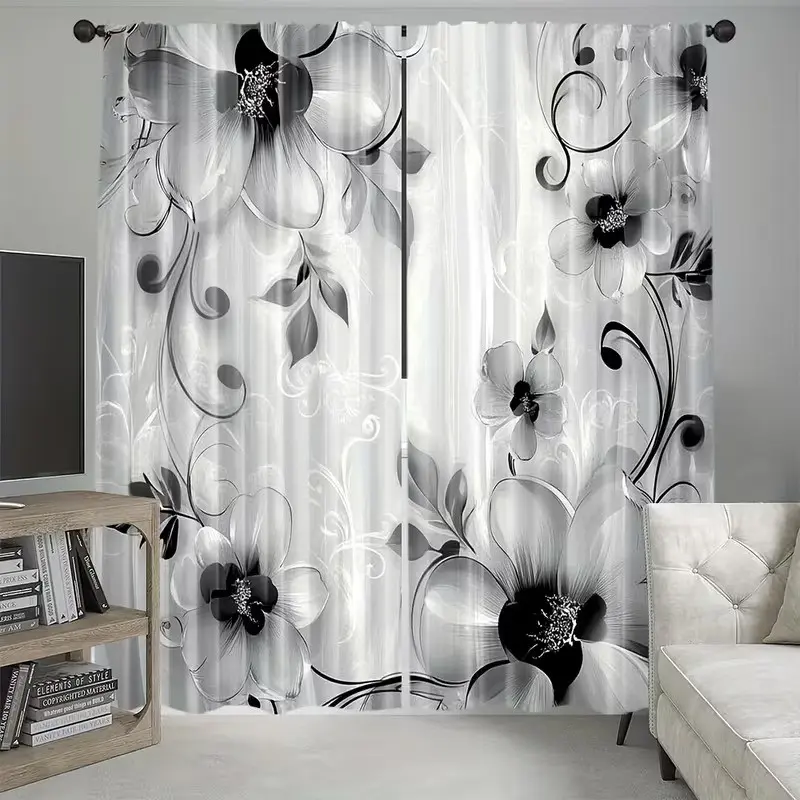 2-piece set of minimalist black and white floral semi blackout curtains, made of durable polyester fiber material with thermal insulation function, very suitable for living room and bedroom decoration