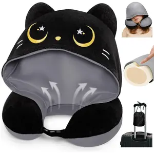 Travel Neck Pillow with Hood for Airplanes,,Breathable Ice Silk & Soft Velvet,-Sided,Removable to,Strap,Travel Pillow for Long Flights Adults & Teens