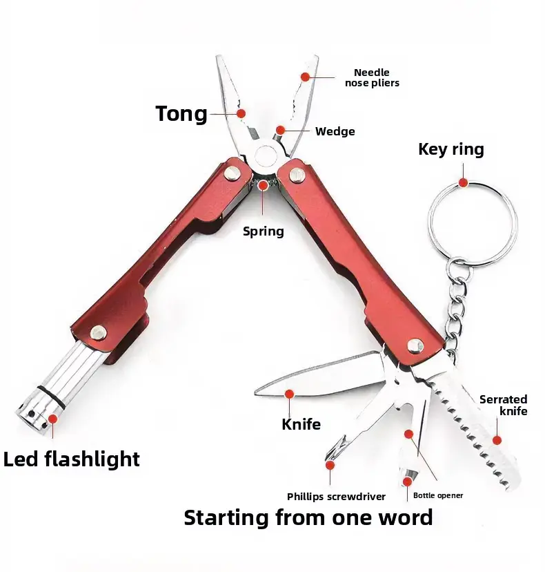 Multi-function folding pliers with LED light, outdoor fishing and camping mini portable emergency multi-purpose tool knife pliers