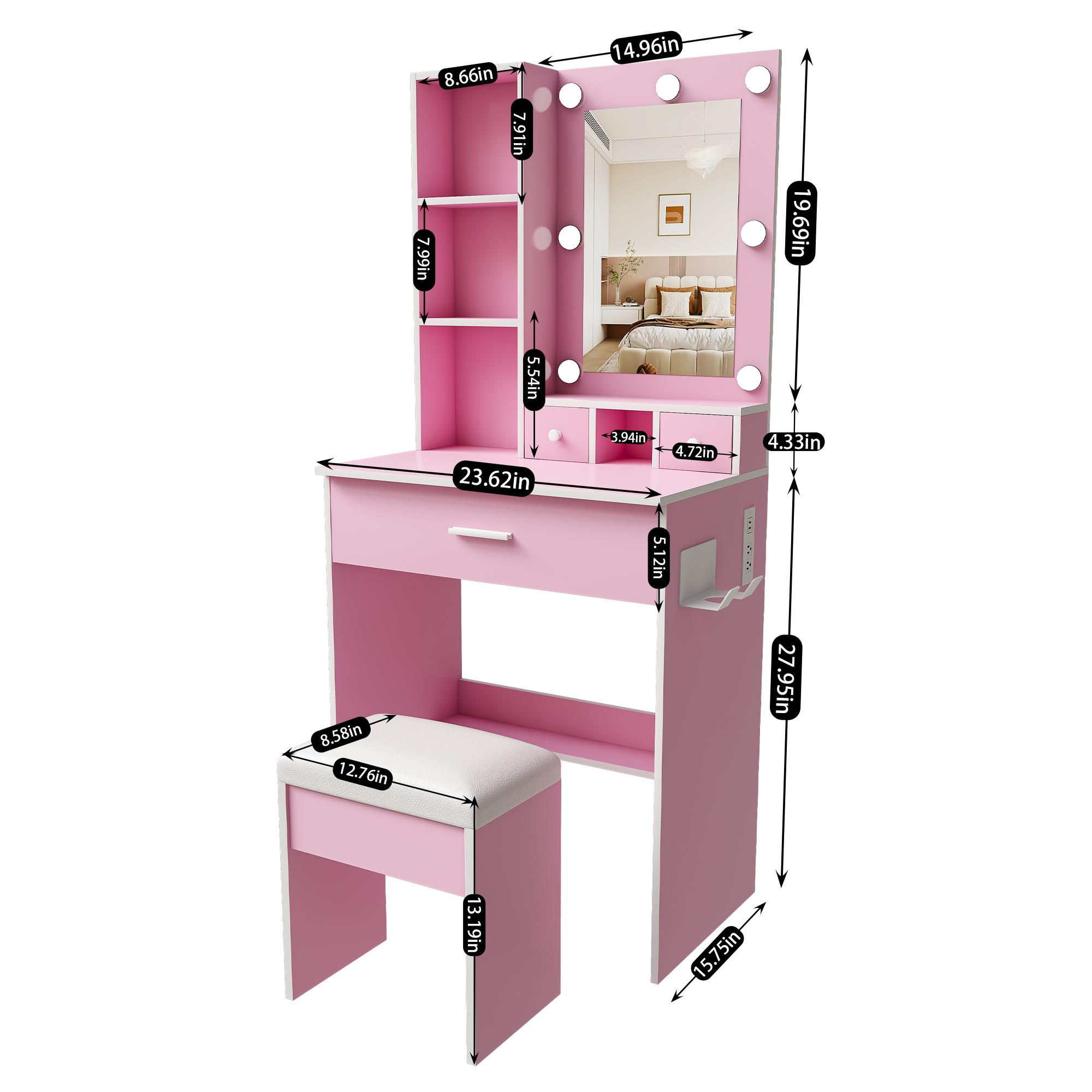 Makeup Vanity Desk with Adjustable LED Mirror, Built-in LED Lighting, Power Outlet, Hairdryer Holder & Stool, Compact Indoor Furniture for Small Bedrooms (Fixes Poor Lighting & Tangled Cords), Adjustable Led Vanity Mirror Makeup Vanities