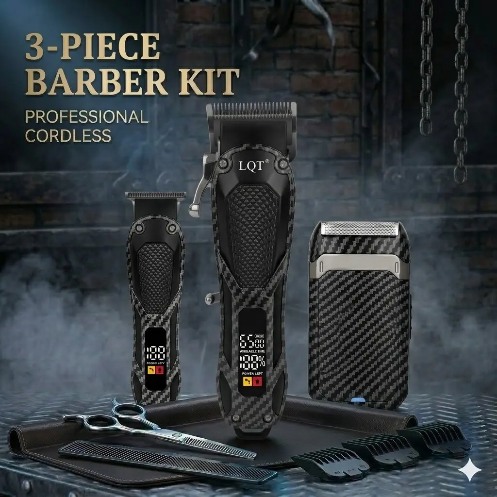 LQT Luxury Men's Professional 3-Pieces Cordless Hair Clipper Kit - Stainless Steel Precision Blades, Carbon T-Blade Trimmer, Electric Shaver, Rechargeable Grooming Set with LED Display, Smooth Performance, for Hair Styling, Daily Care, Father's Day Gifts