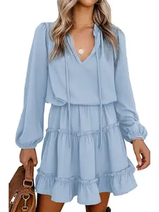 BTFBM Women Casual Summer Spring Dresses 2026 Tie Neck Long Sleeve High Waist Tiered Ruffle Aline Swing Tunic Mini Dress #Outdoorfun