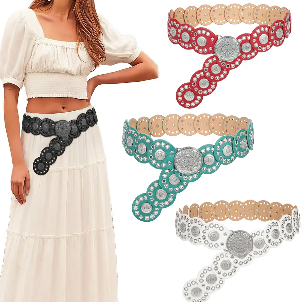 XZQTIVE Western Belts for Women Vintage Disc Waist Belts Concho Leather Belts Boho Waist Belt for Dress Jeans, Bronze Black,clothes for back to school,first day of school outfits