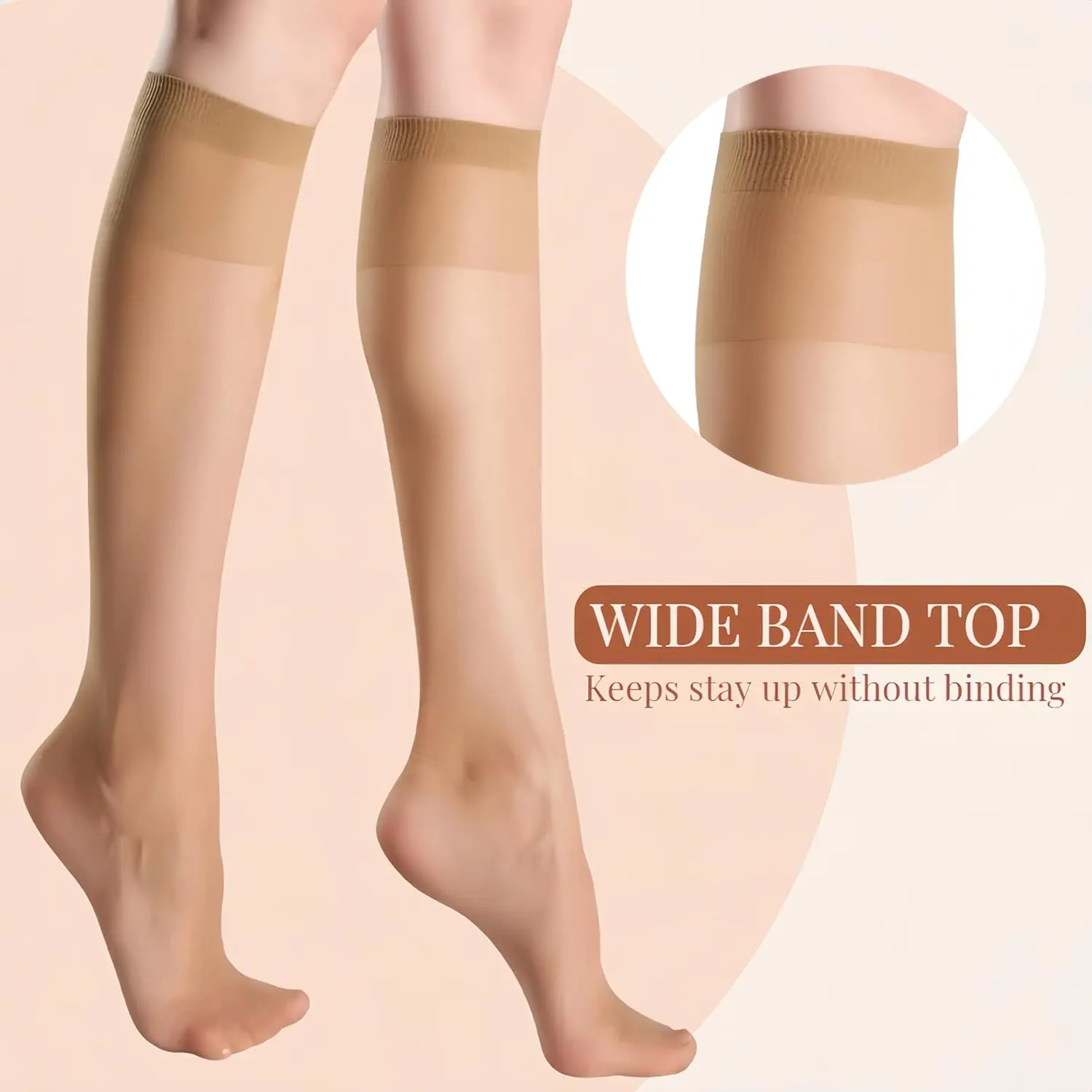 Women's Sheer Knee-High Socks - 6 Pairs Nude & Black Translucent Pantyhose with Reinforced Toe, Comfortable for Formal Wear, Leg, 20D Nylon, Moderate Elasticity