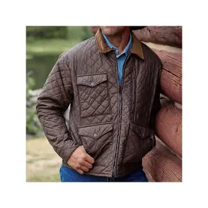 UOSO Men'S Retro Diamond Check Quilted Jacket - Heavyweight Winter Coat with Lapel Collar, Chest Pockets & Insulation, Casual Brown Outerwear for Autumn/Winter, Versatile for Everyday & Semi-Formal Occasions (Regular Fit)