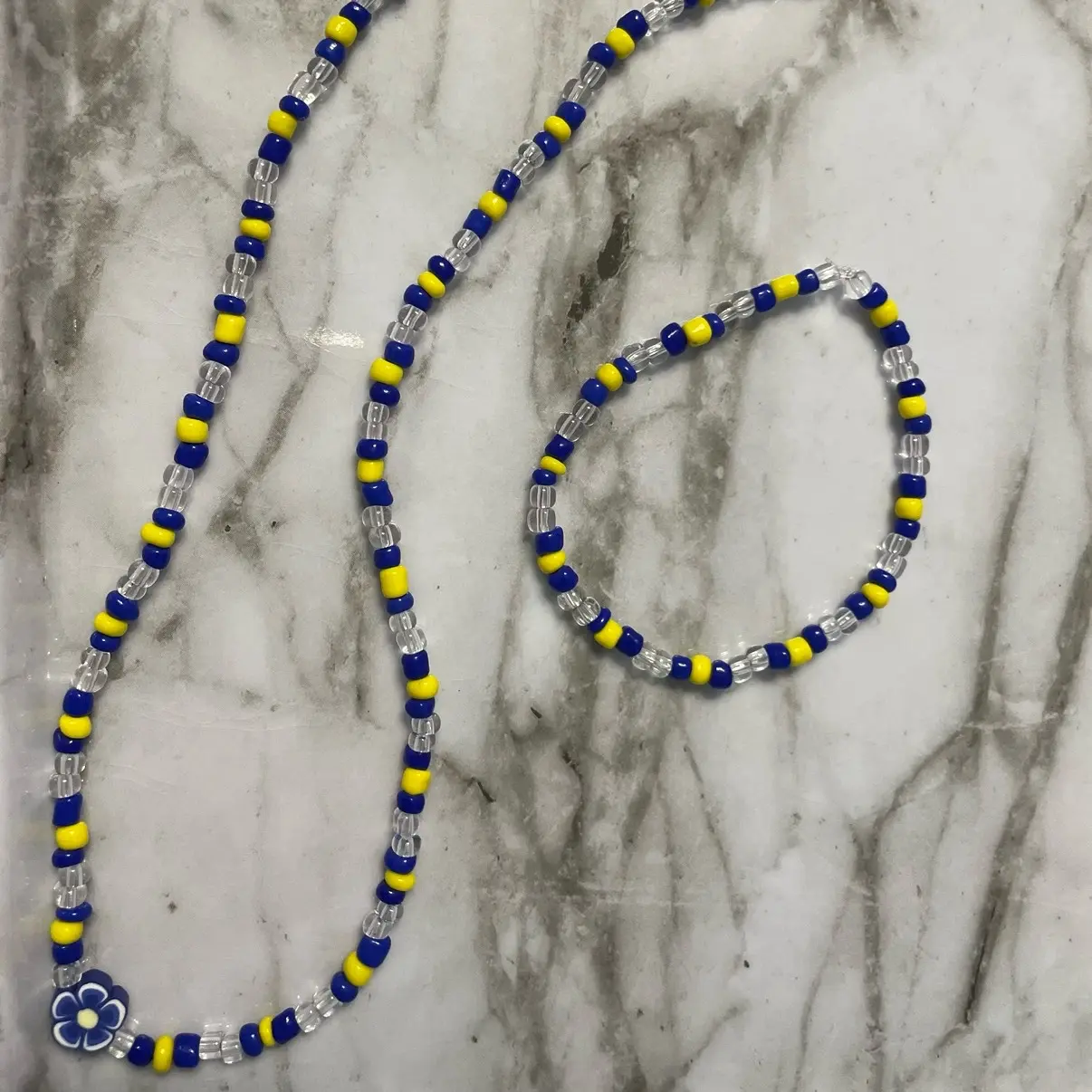 Blue & Yellow Plastic Necklace & Bracelet Set with Beautiful Flower Charm for Women