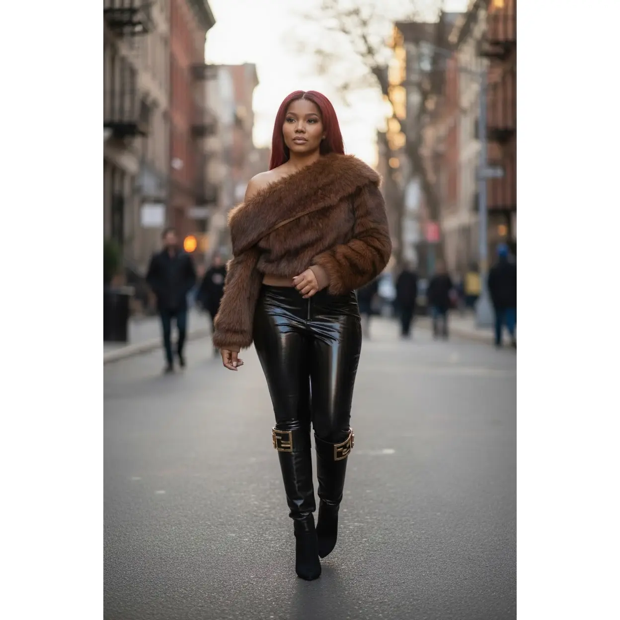Women's Feminine Cinnamon Whisper Blouse - Plush Faux Fur-Accented Wrap Outerwear, Casual Seamless Denim Cropped Off-Shoulder Top with Functional Side Zipper, Chic Day-to-Night Dressing for Evening, Hugs Frame, High-Shine Trousers Pairing, Faux Fur Top