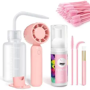 Lash Cleaning Kit Eyelash Extension Cleanser, 60ML Lash Shampoo with Rechargeable Handheld Lash Fan Dryer, Mascara Brush Rinse Bottle, Makeup Cleansing Foam for Lash Care, Makeup Remover