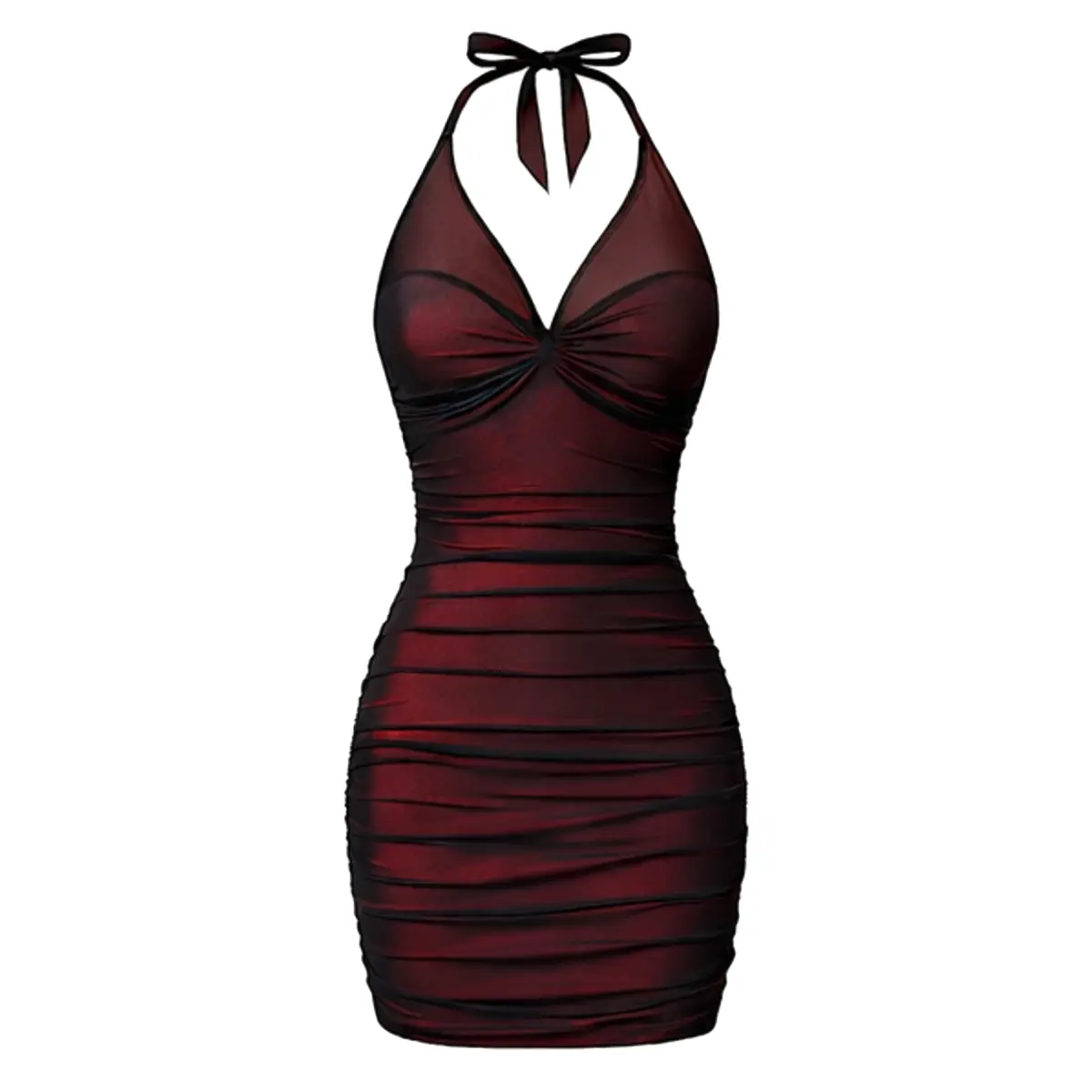 HYZ Women's Sexy Halter V Neck Sleeveless Bodycon Ruched Color Block Short Mini Summer Club Party Dress