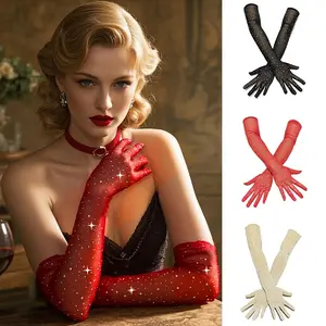 [Christmas Parties, Weddings] 1 Pair Women's Sexy Sparkling Red & Black Sequin Long Gloves - Stretchy Breathable Mesh, Full Finger Design for Christmas Parties, Cosplay, Weddings & Night Out - Hand Wash Only, Party Accessories, Wedding Attire