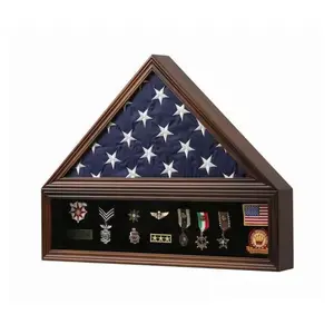 Veterans Burial Flag Display Box USA Flag Solid Wood Medium Walnut Wood Shadow Box with Felt Lining for Pins Badges Medals Challenge Coins