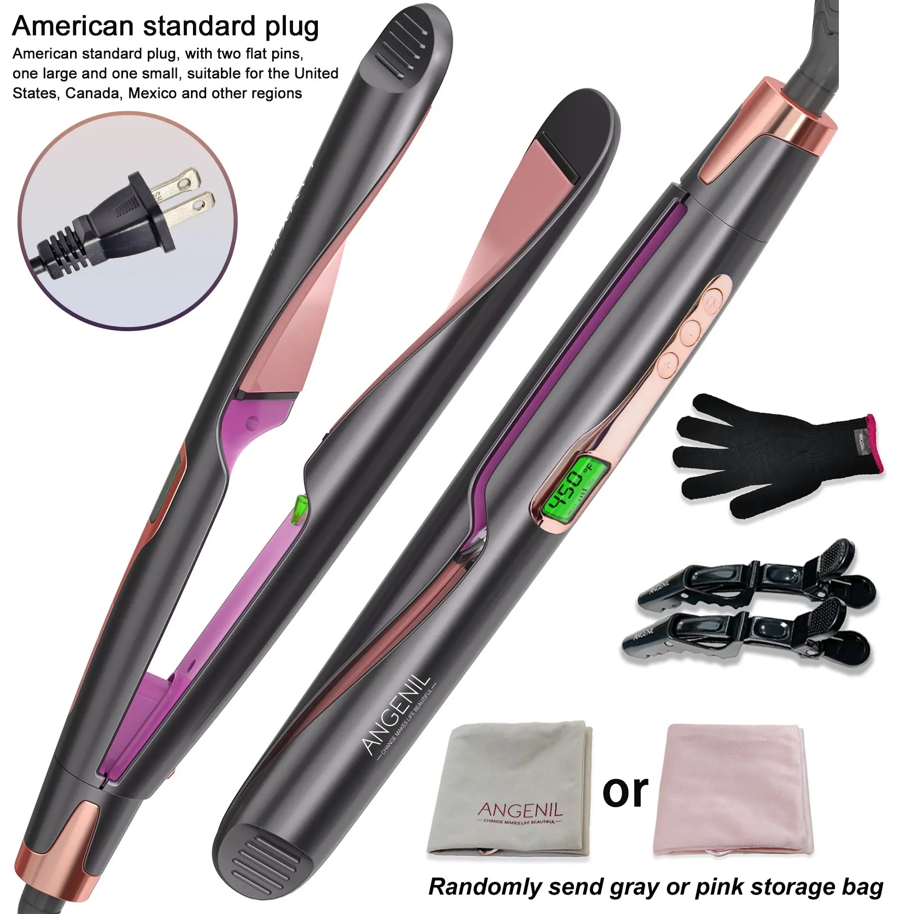 [US] ANGENIL Women's Hair Styler, Hair Styling Tools, Hair Straightener, Hair Curling Iron, 2-in-1 for Curling and Straightening, 55W/110-240V Dual Voltage Design, 11 Temperature Settings, Comes with Hair Clips, Gloves, and Storage Bag