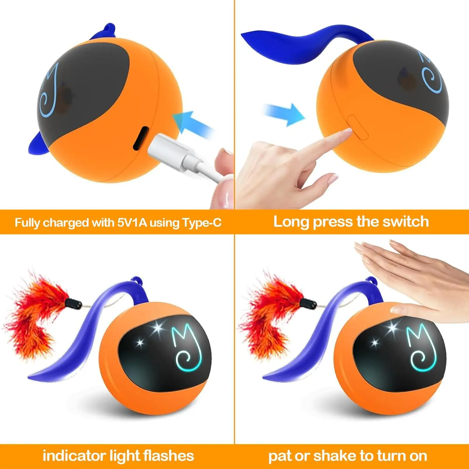 Interactive Cat Ball Toy Set - Automatic Rolling Chase Ball with Fluffy Tail & Small Mice, Rechargeable Orange Color, Keeps Cats Entertained for Hours Interactive Electric Cat Toy fun indoor cat teaser toy Auto Interactive cat toys pet  supplies