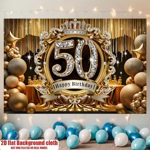 Golden & Black Luxurious 50th Birthday Party Background Decoration Polyester Banner Ornaments for Home Room Wall Decor Party Supplies Gifts