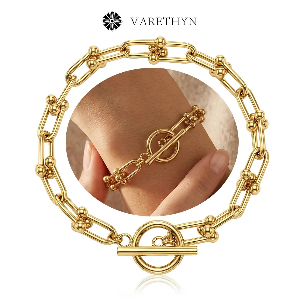 14K Gold-Plated U-Link Paper Clip Bracelet Chunky Toggle Clasp Minimalist Everyday Style Jewelry