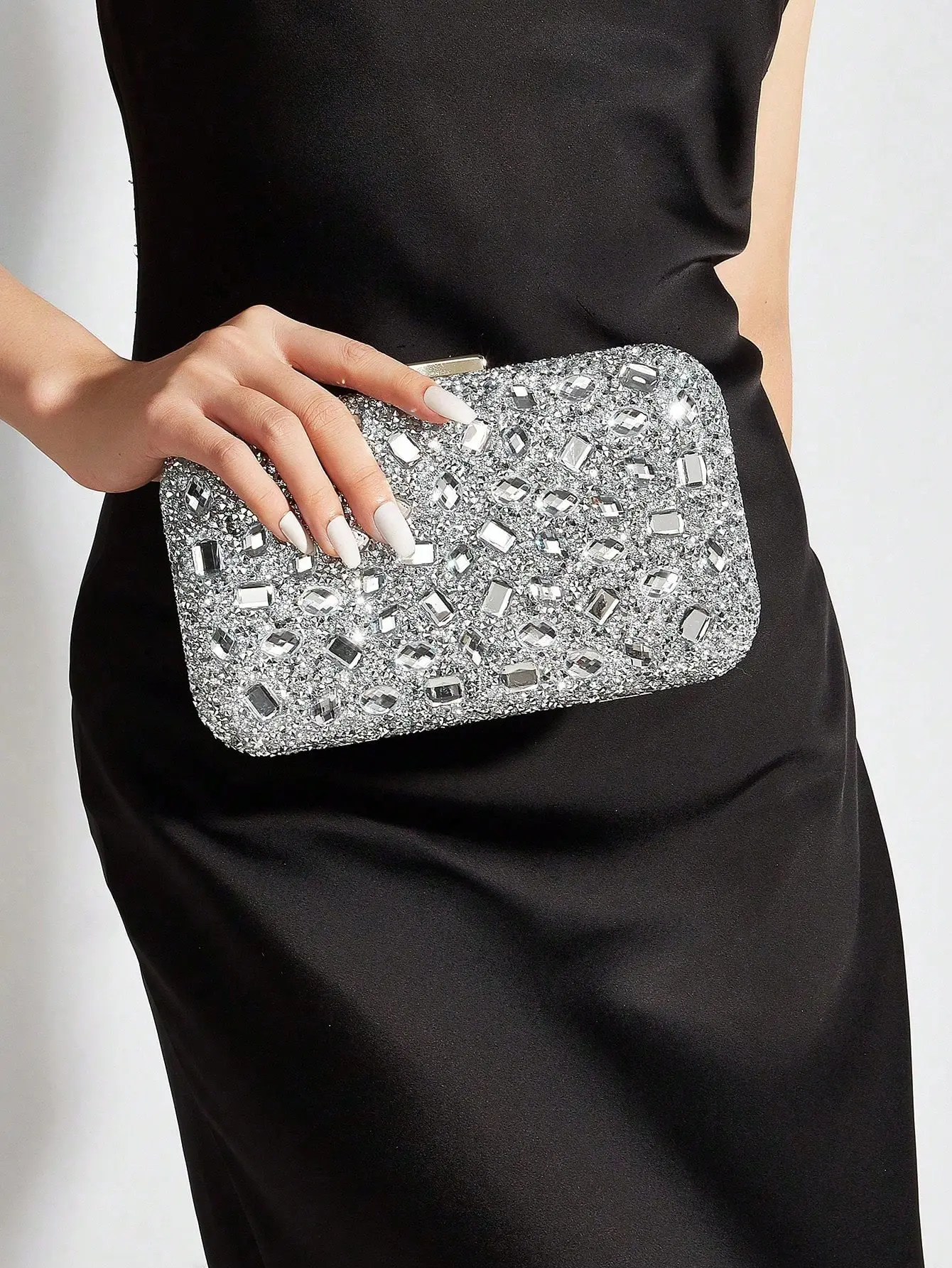 Women's Rhinestone-Embellished Hard Case Clutch Purse - Sparkly Crystal-Encrusted Evening Handbags for Women with Detachable Chain, Formal Crossbody for Wedding, Prom