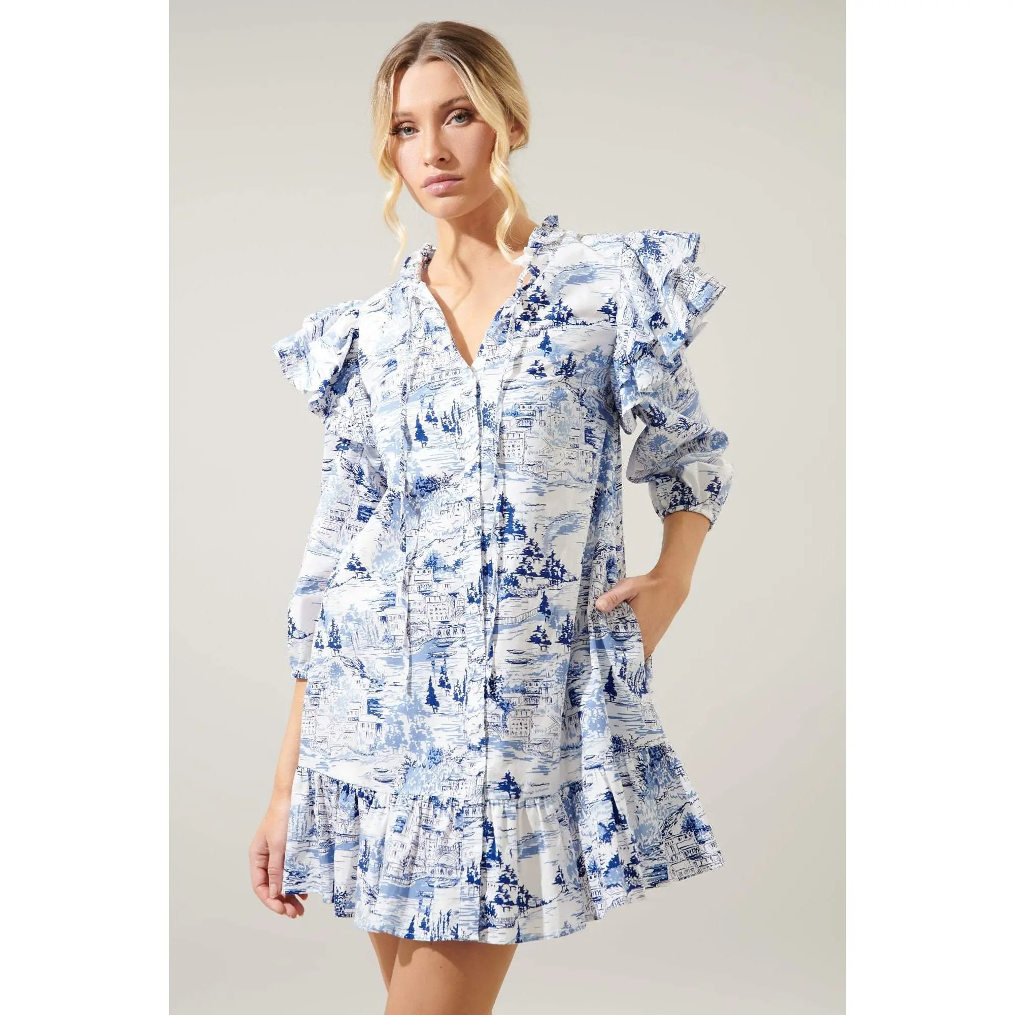 Francine Toile Sky Sammy Ruffle Drop Waist Dress