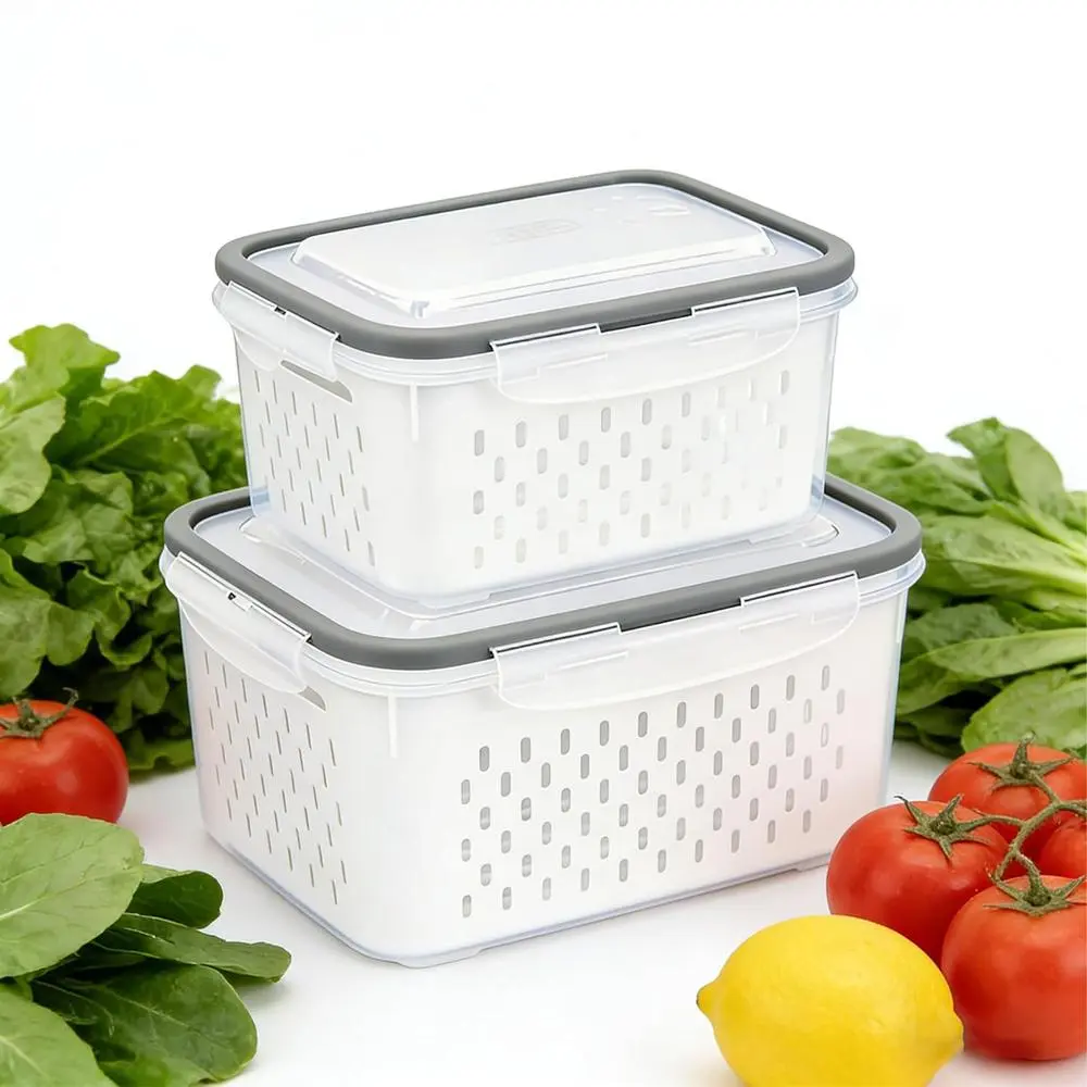 Transparent Stackable Food Containers (Multi-Size 2/4/6 Pack) - BPA-Free, Leak-Resistant Fridge Use Storage Jar With Drain Basket, Ideal For Produce & Kids' Lunch Boxes, Food Container, Stackable Storage Jar