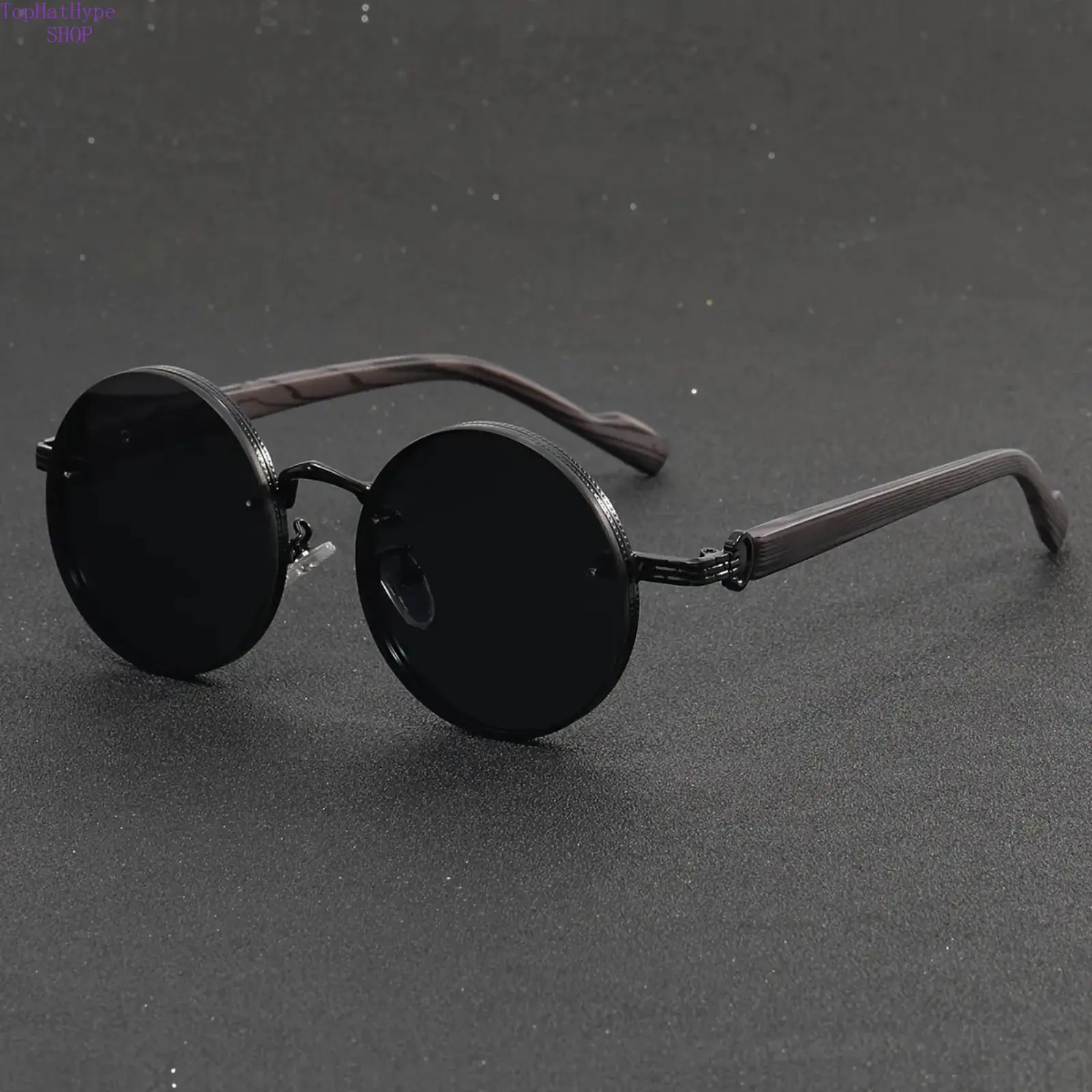 Retro Round Sunglasses, Unisex Casual Shades with Metal Full-Rim Frame, Faux Wood Grain Temples & Polarized Lightweight Lenses