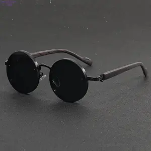 Retro Round Unisex Sunglasses - Metal Full-Rim Frame, Faux Wood Grain Temples, Vintage Lightweight Durable Polarized Lenses, Casual Stylish Eyewear for Daily Wear & Street Fashion